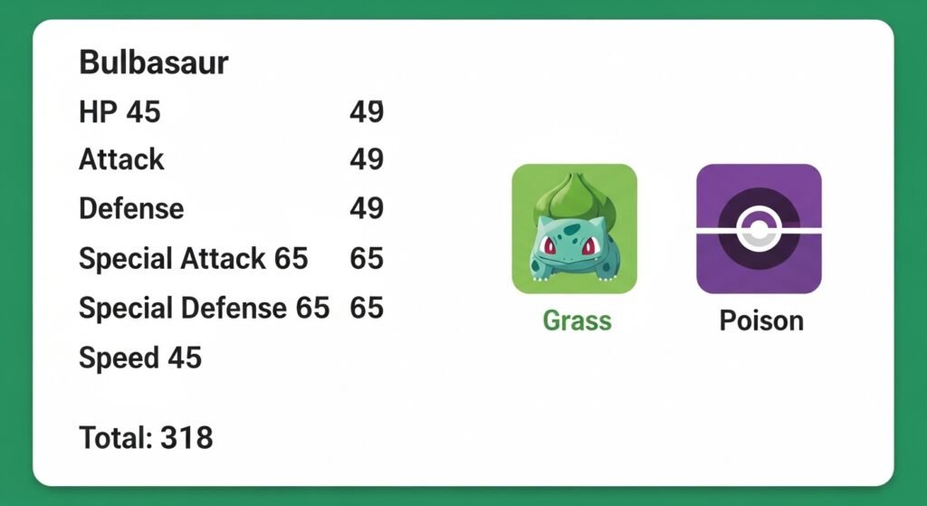 Bulbasaur base stats chart HP, Attack, Defense, Special Attack, Special Defense and Speed in Pokémon Infinite Fusion