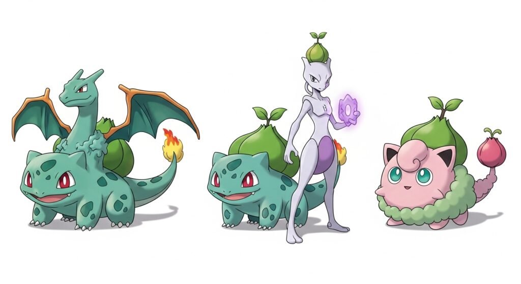 Pokémon Fusion Generator Bulbasaur visual results Bulbasaur fused with Charizard, Mewtwo and Jigglypuff sprite combinations