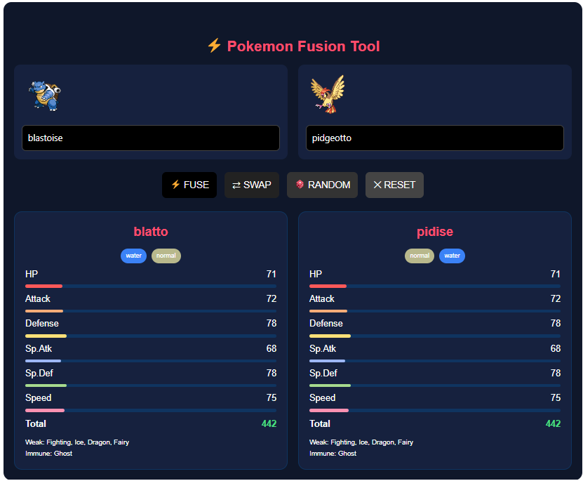Pokémon generator tool interface