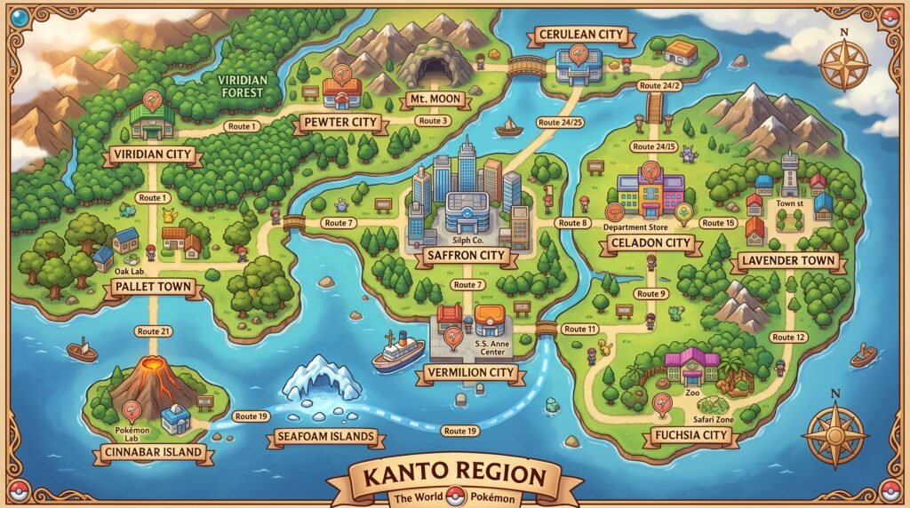 Kanto region map showing key hub cities like Pallet Town, Viridian City, Cerulean City, and major locations in Pokemon Infinite Fusion