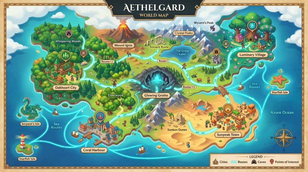 Pokemon Infinite Fusion world map showing hub cities, connectors like caves and forests, and routes for navigation