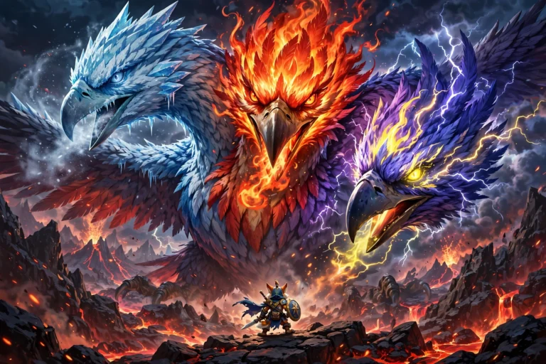 Three headed ice fire electric bird fusion looming over hero in volcano