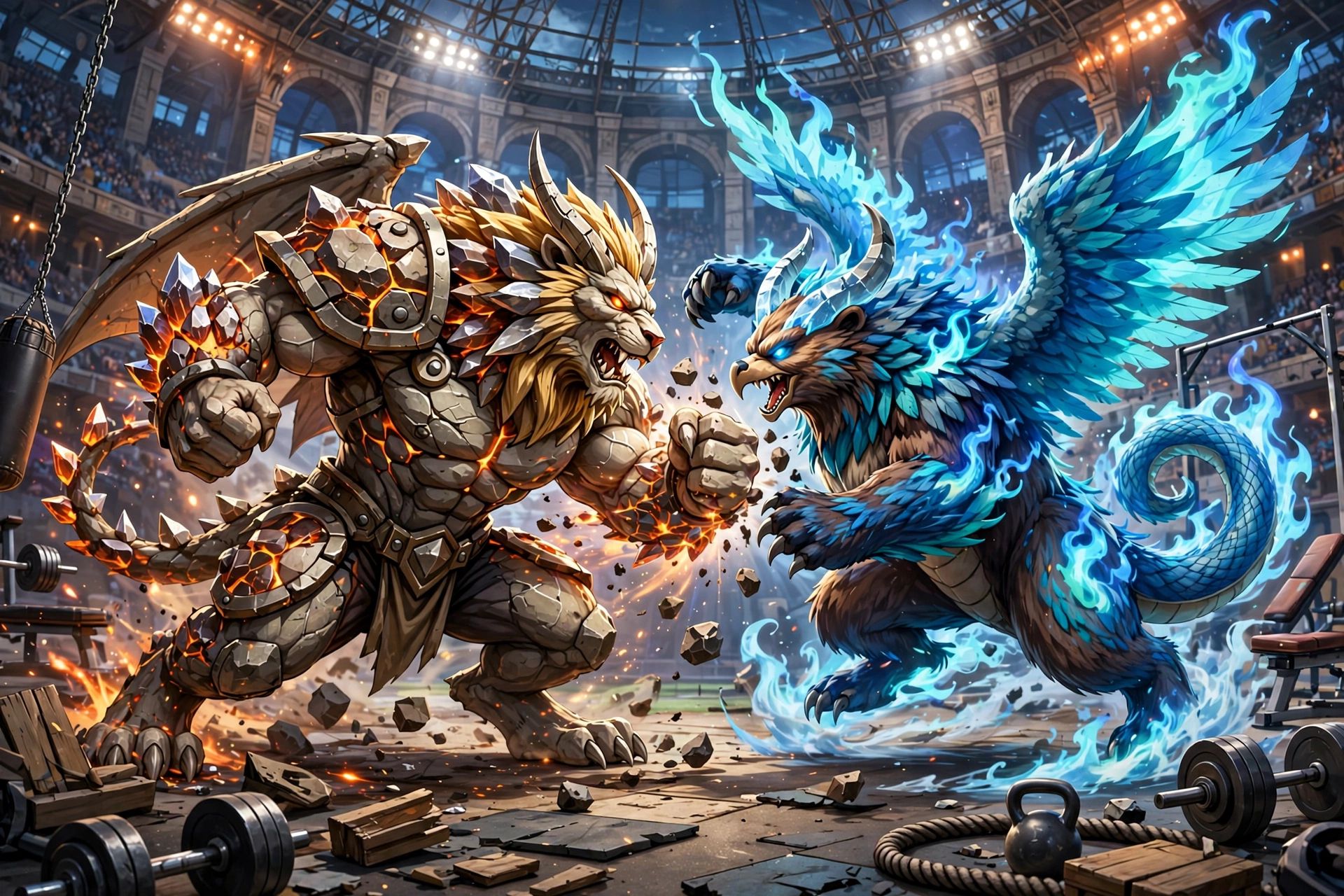 Two powerful fused fantasy creatures battling in a grand stadium arena