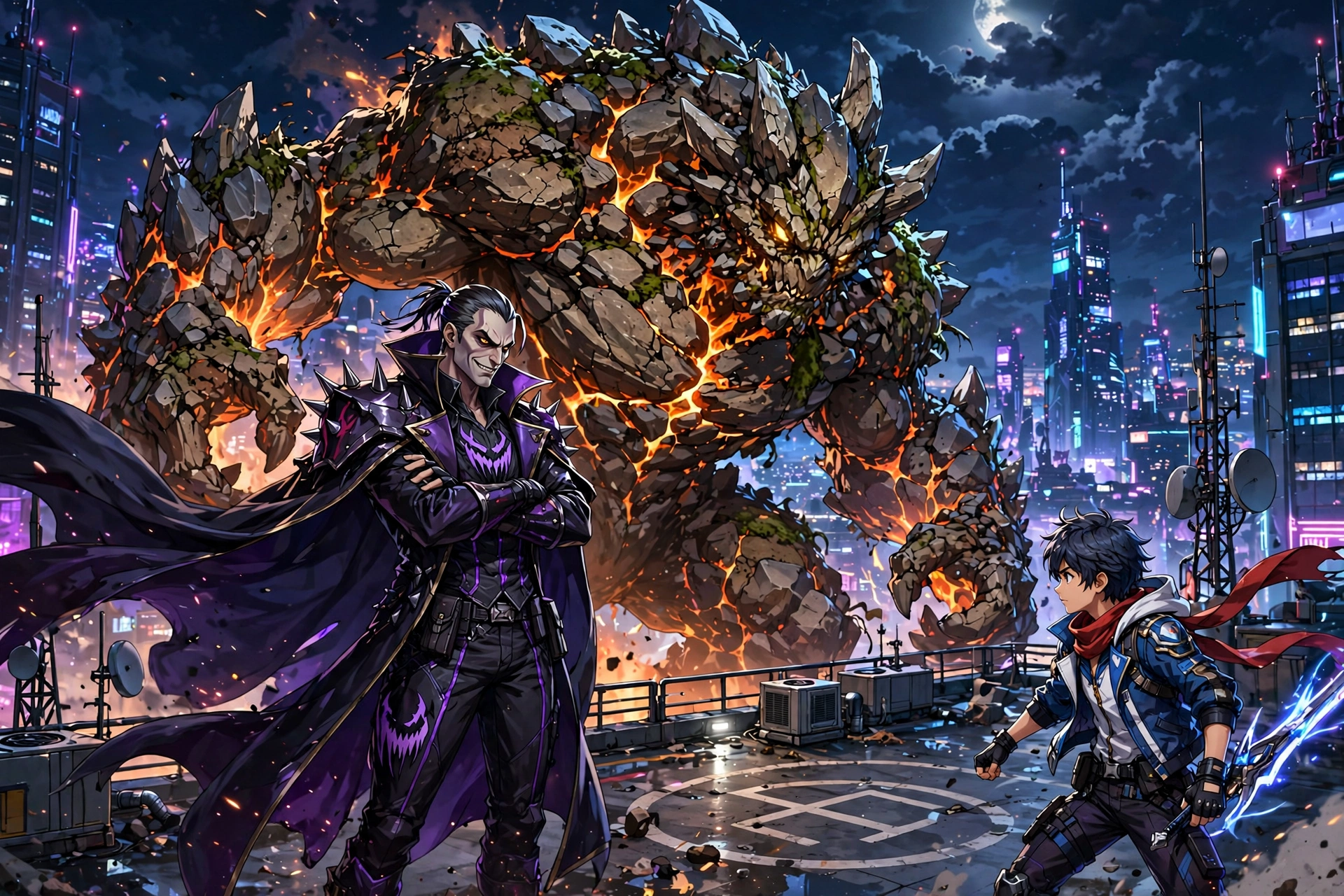 Sinister villain leader facing young hero on skyscraper rooftop at night