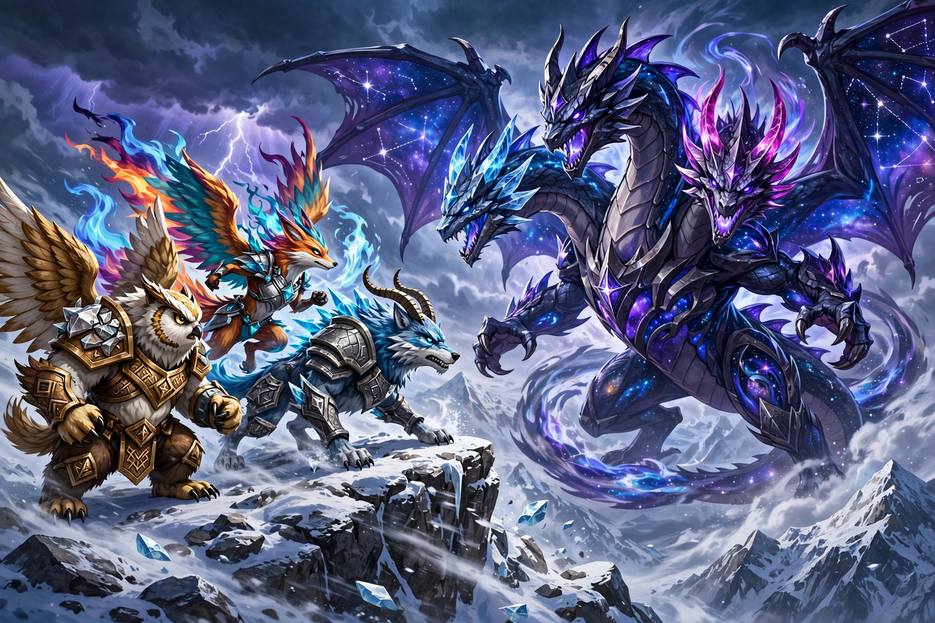 Heroic fused creatures facing colossal three headed dragon on snowy summit