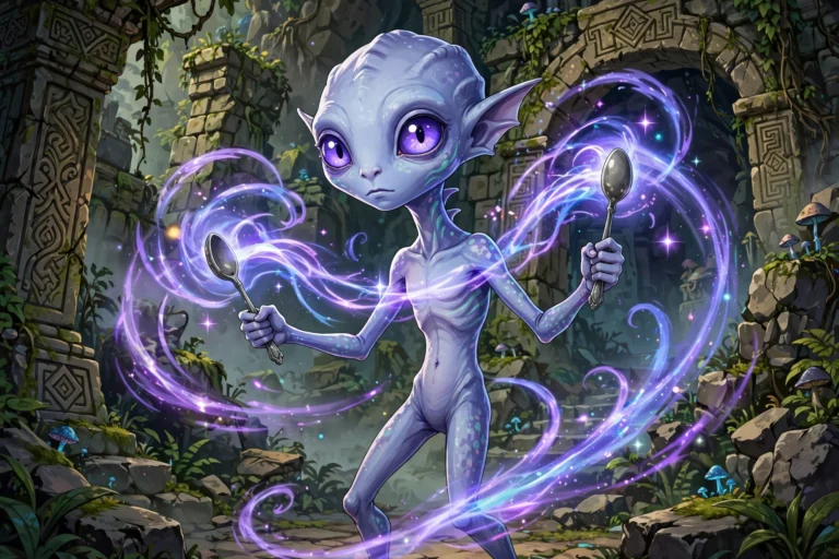 Alakazam glowing with psychic energy at mystical ruins