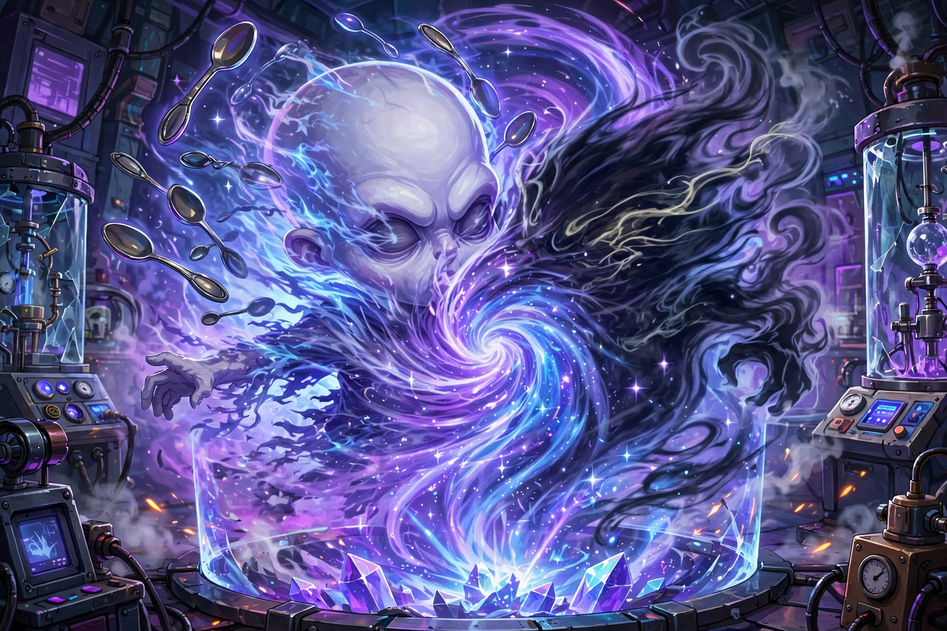 Alakazam in a Pokemon fusion laboratory scene