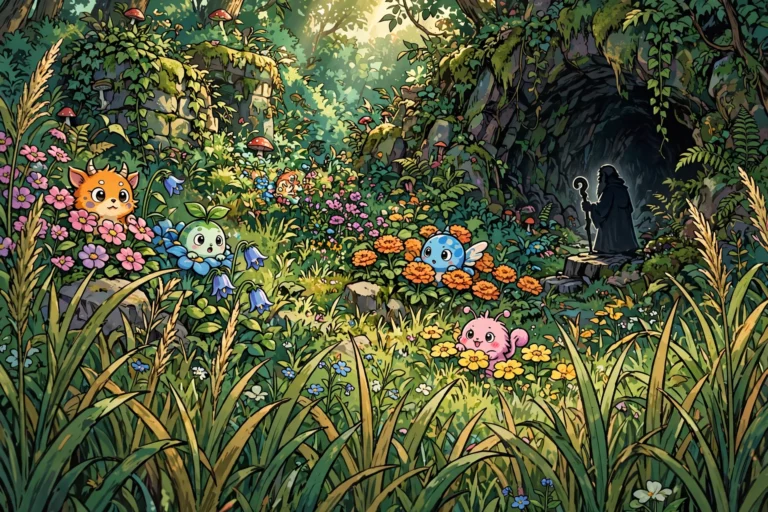 Hidden secret garden with rare creatures and a mysterious cave entrance