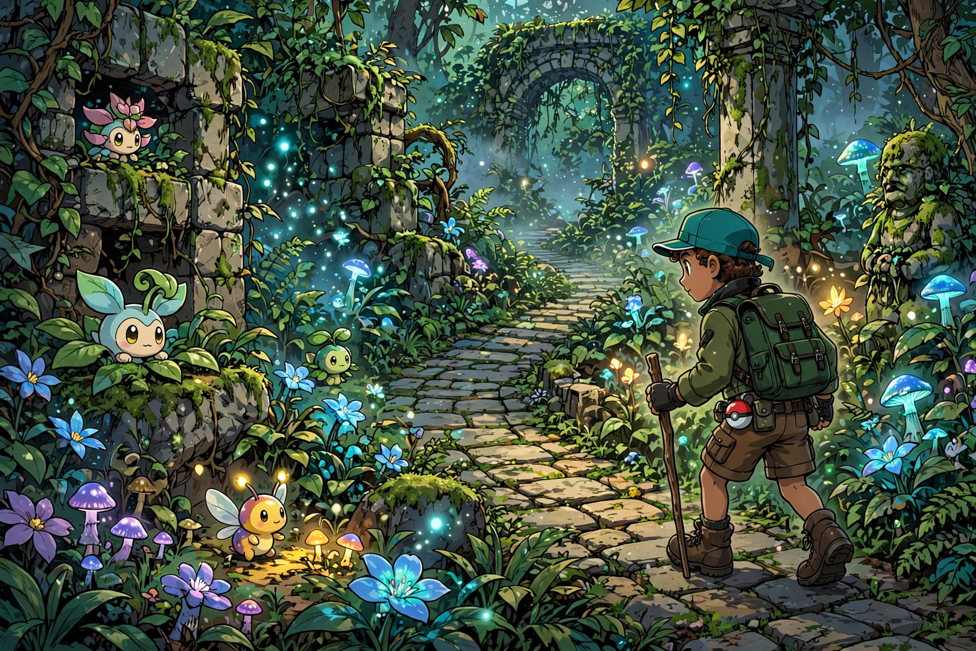 Trainer exploring a secret garden with rare creatures hiding among flowers