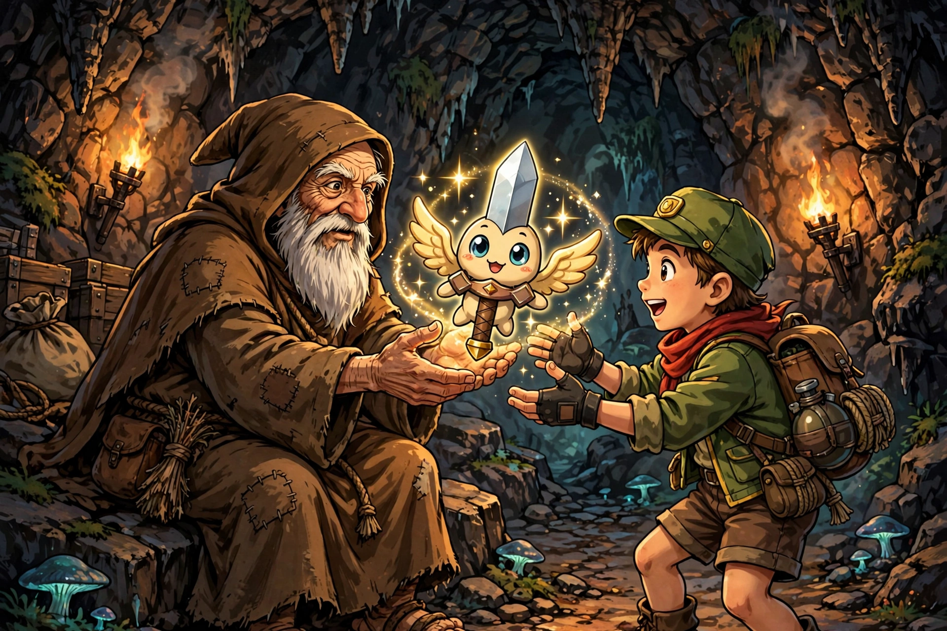 Old hermit in a dark cave handing a sword creature to a trainer