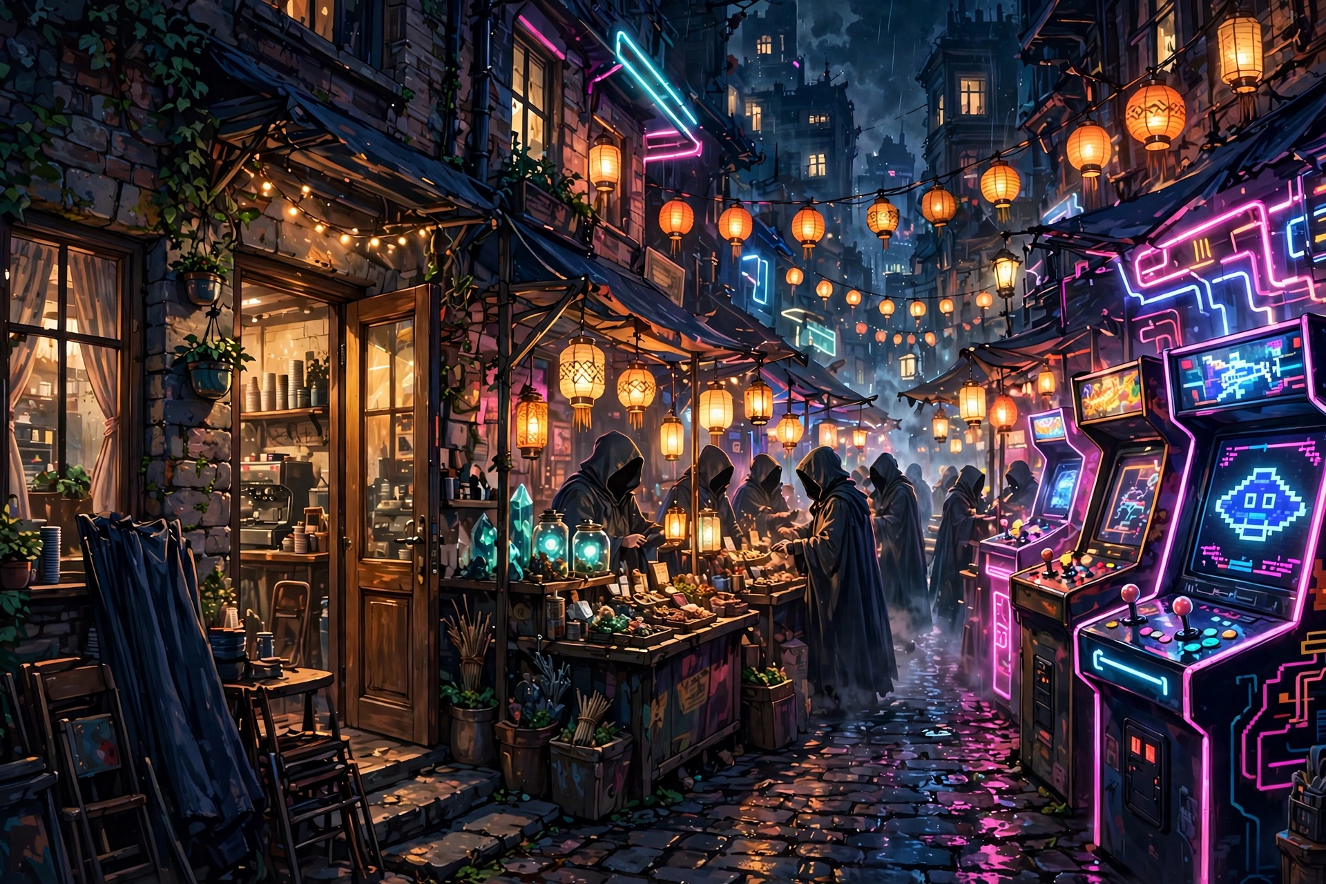 Mysterious night market alley with hooded vendors behind a city cafe