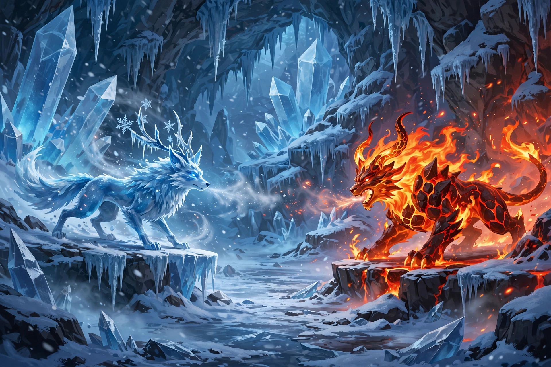 Ice cavern battle arena with frost crystals