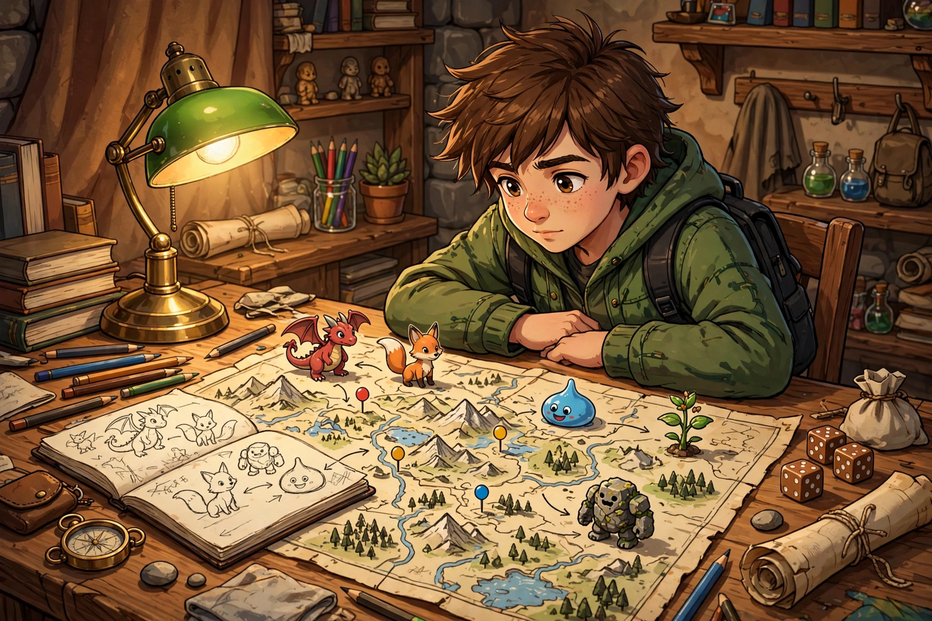 Trainer planning team strategy with maps and figurines
