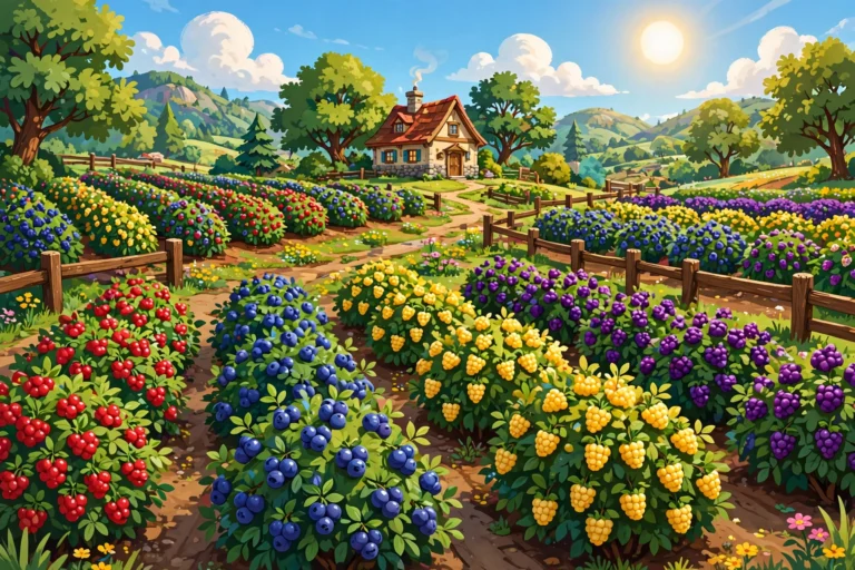Berry farm with rows of colorful berry bushes and a farmhouse