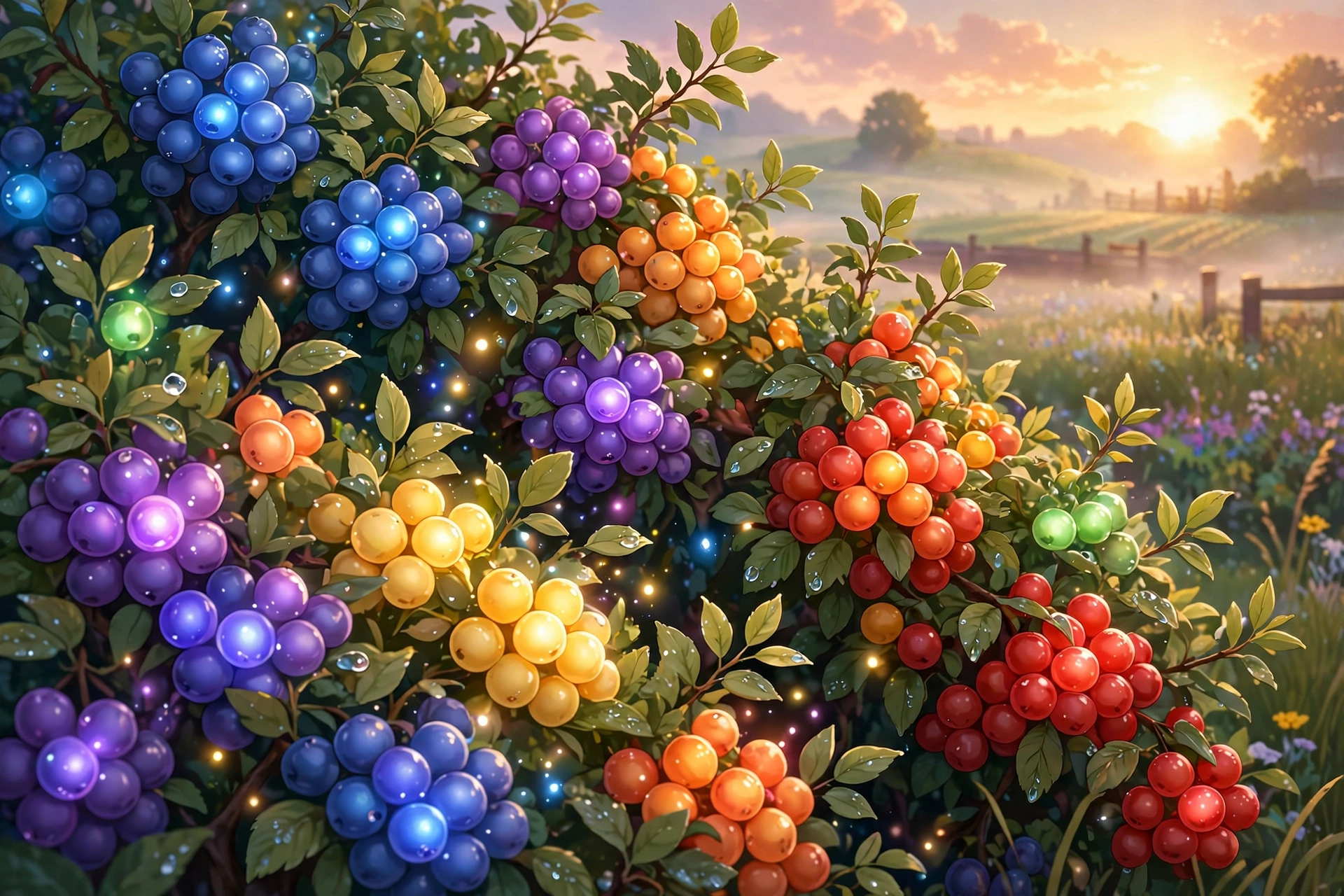 Berry bushes loaded with glowing colorful berries at sunrise
