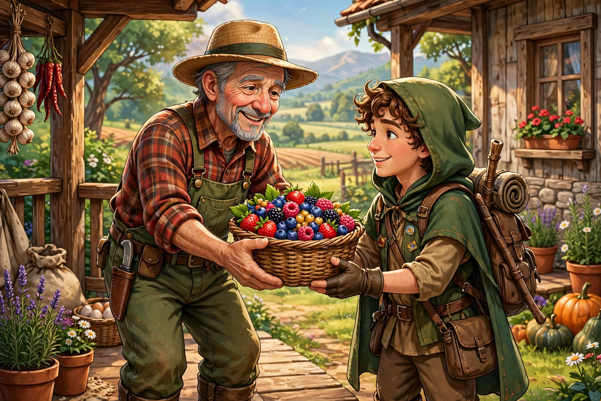 Elderly farmer handing a basket of fresh berries to a traveler