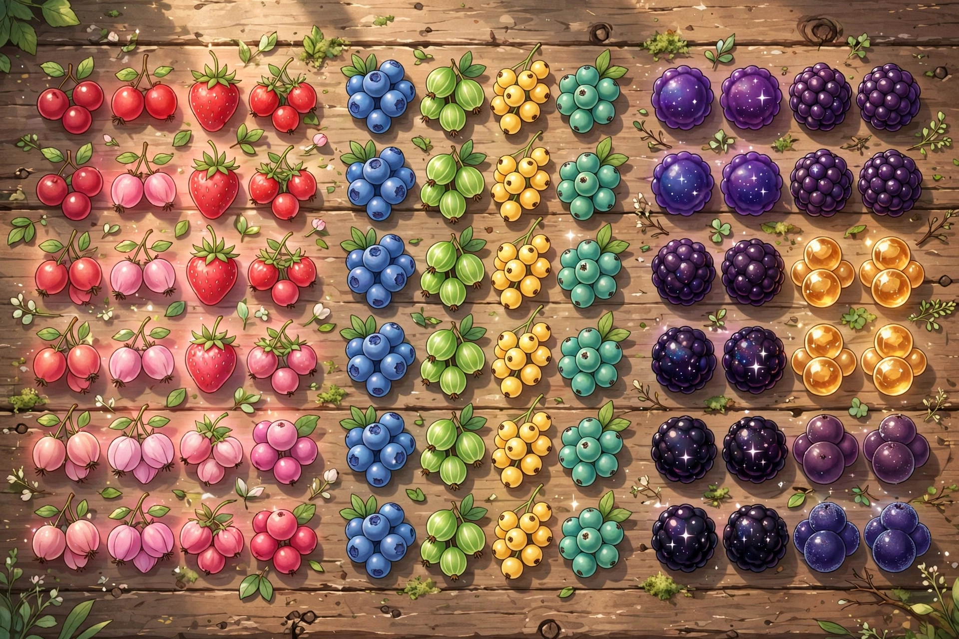 Assorted berries arranged in rows on a wooden table