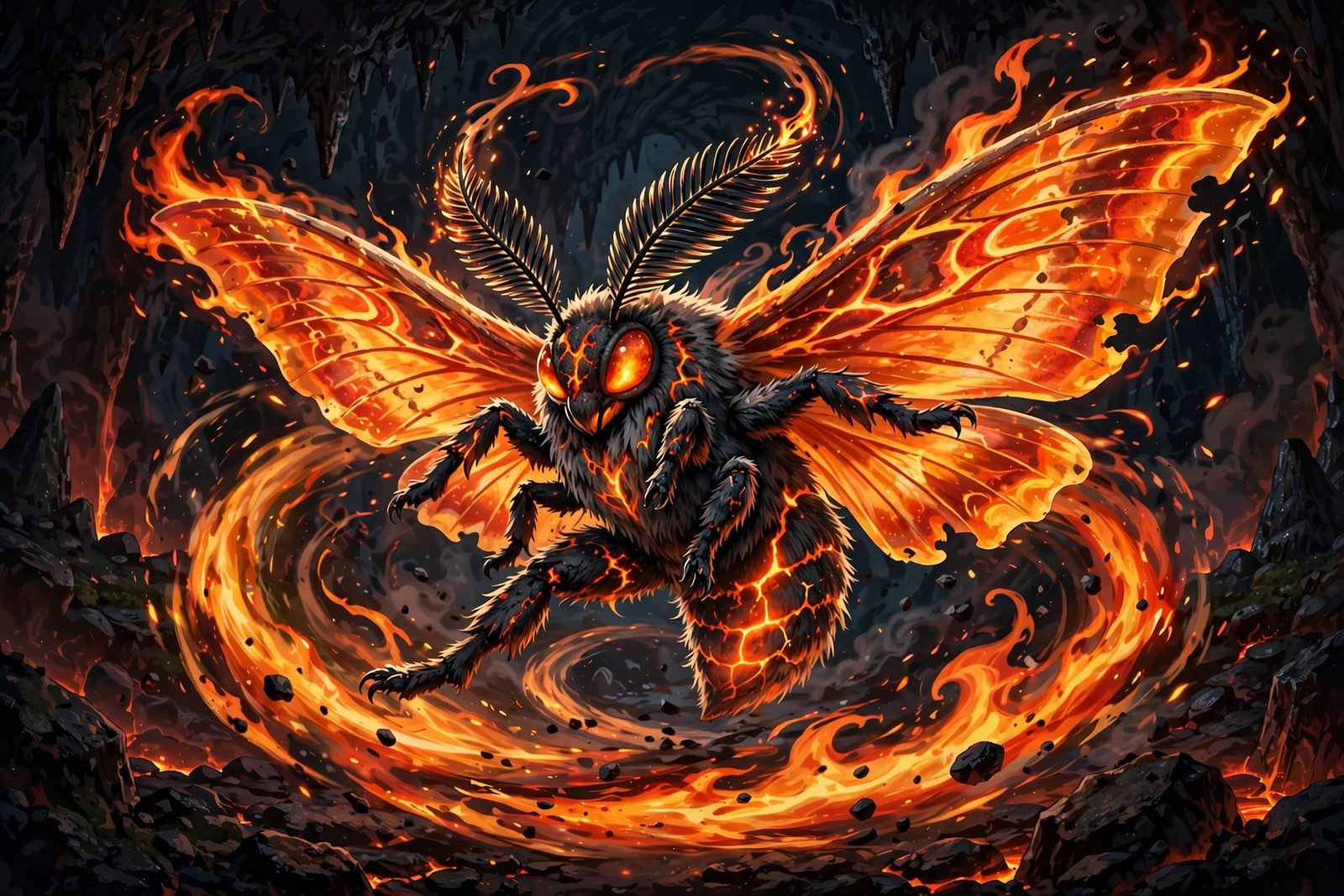 Volcarona moth creature dancing amid flames in dark cavern