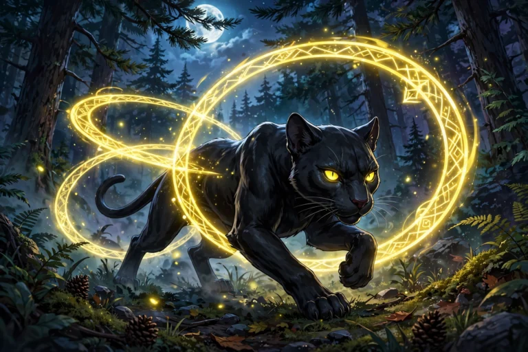 Black feline creature with glowing yellow rings prowling a moonlit forest