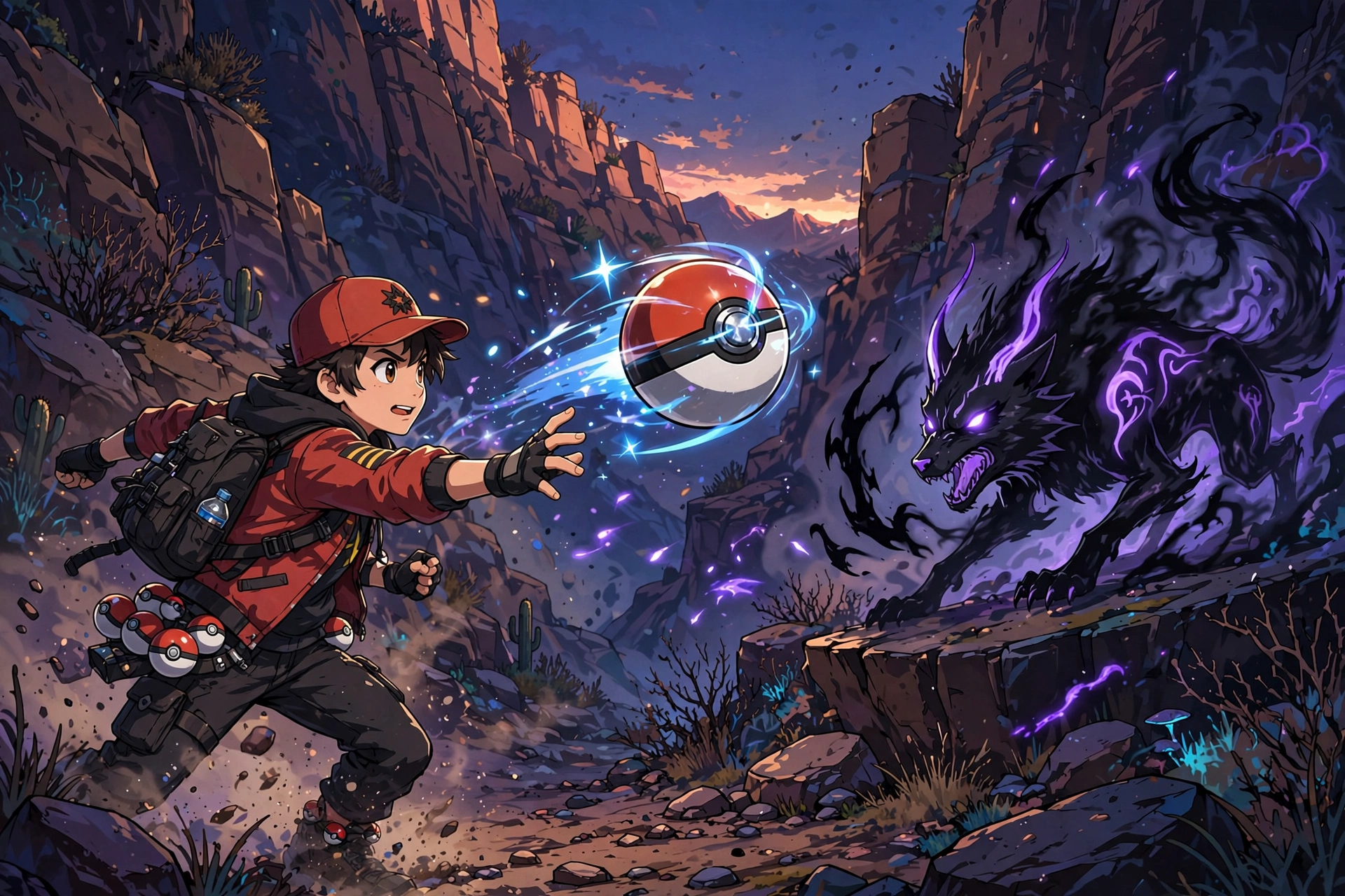 Trainer throwing a capture ball at a dark creature in a shadowy canyon