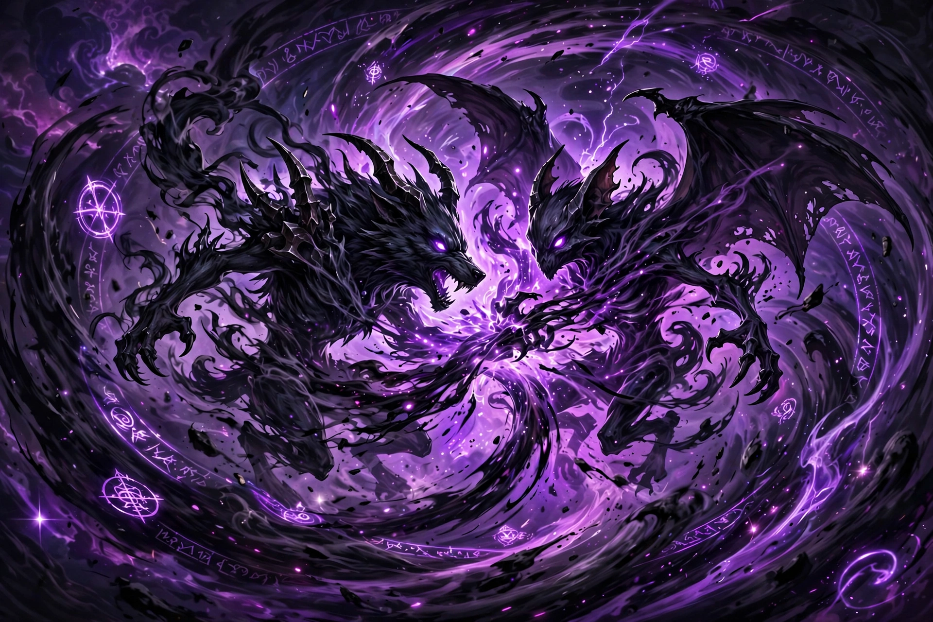 Two dark creatures fusing inside a swirling black and purple energy vortex