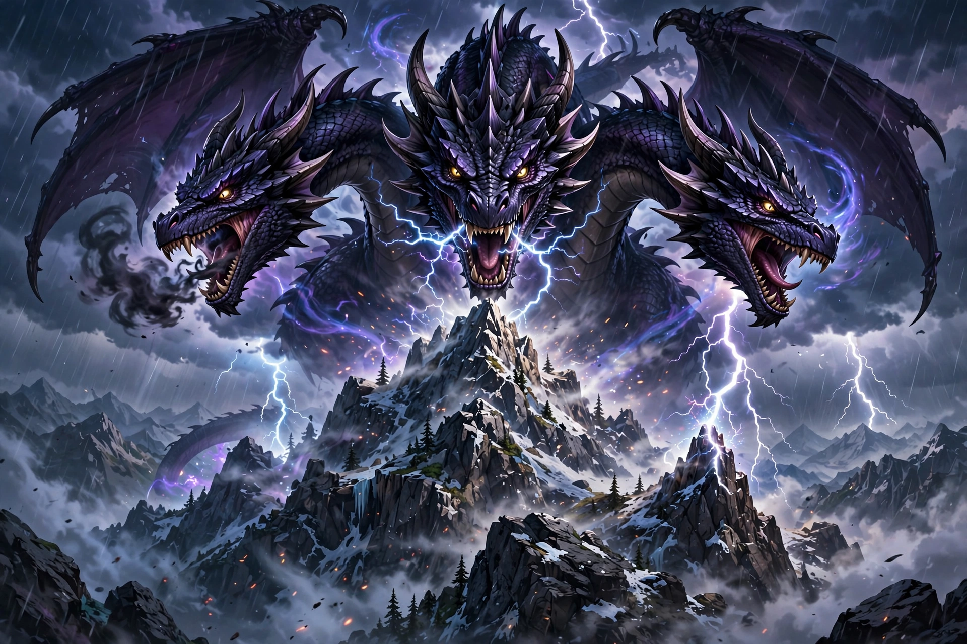 Three-headed dark dragon looming over a stormy mountain peak with lightning