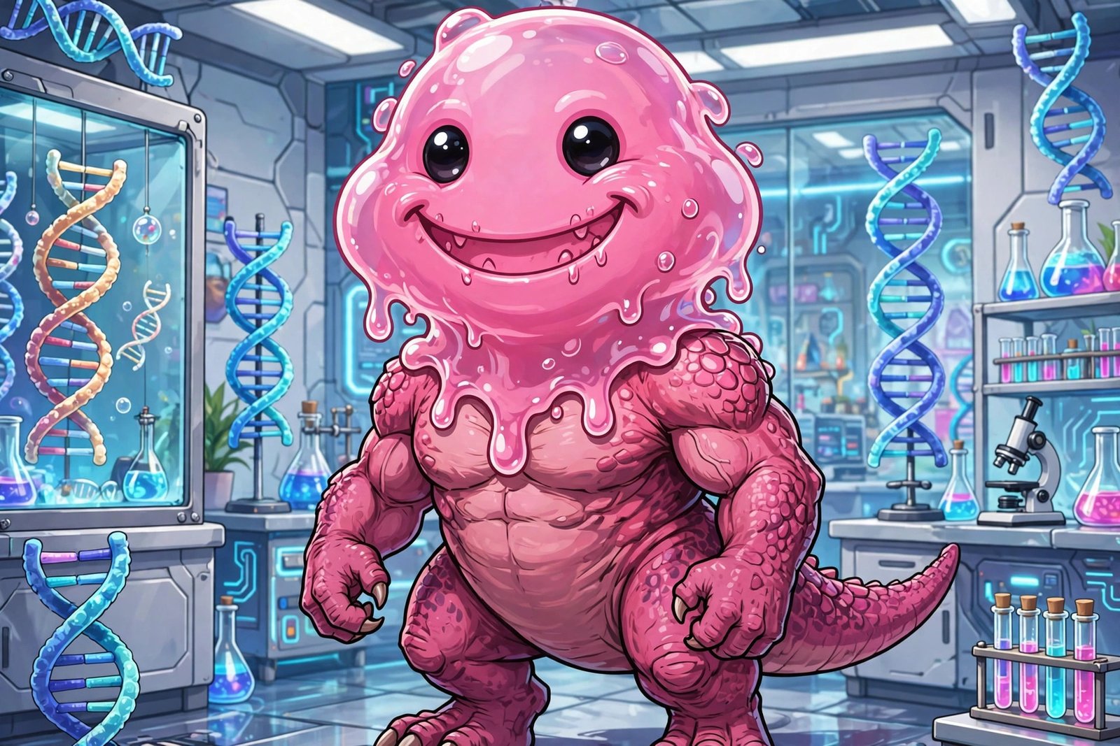 Pink blob faced creature fused with dinosaur body in laboratory