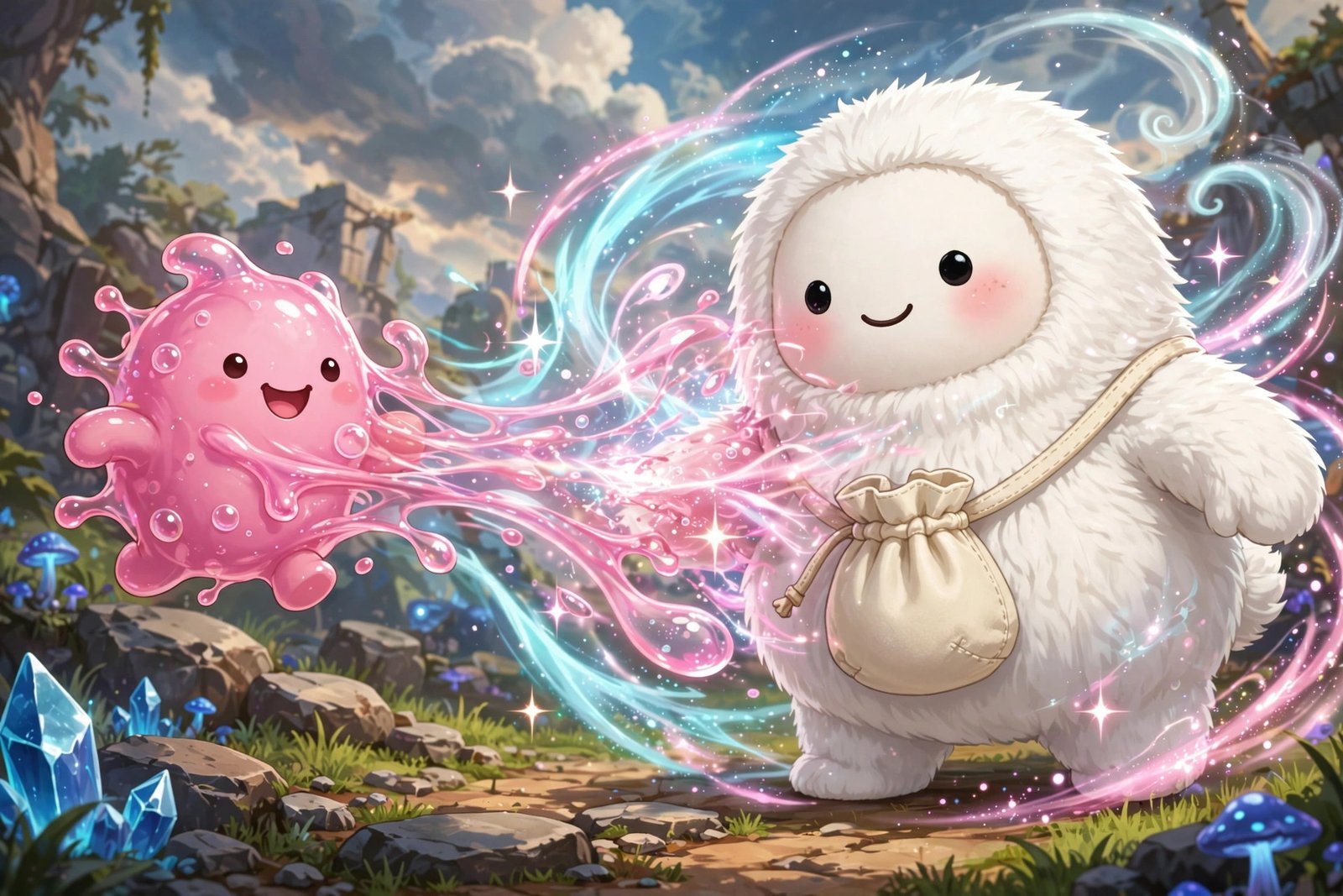 Pink goo blob transforming toward fluffy white creature with pouch