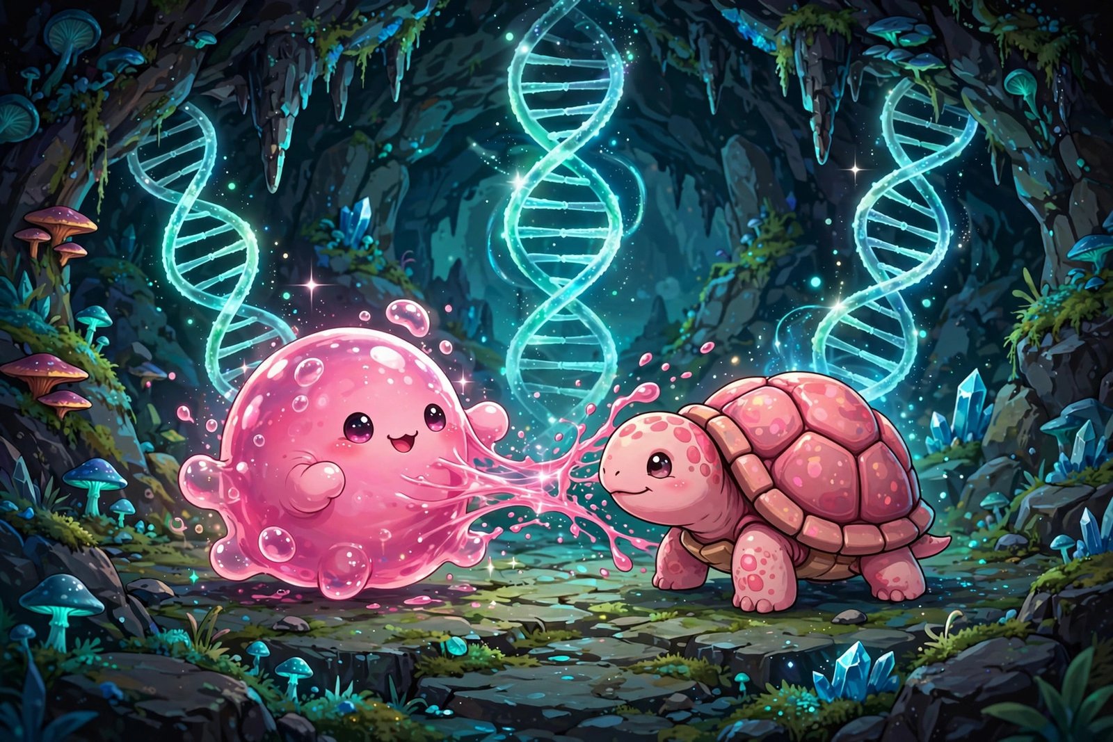 Pink blob creature unfusing into two separate creatures in cave