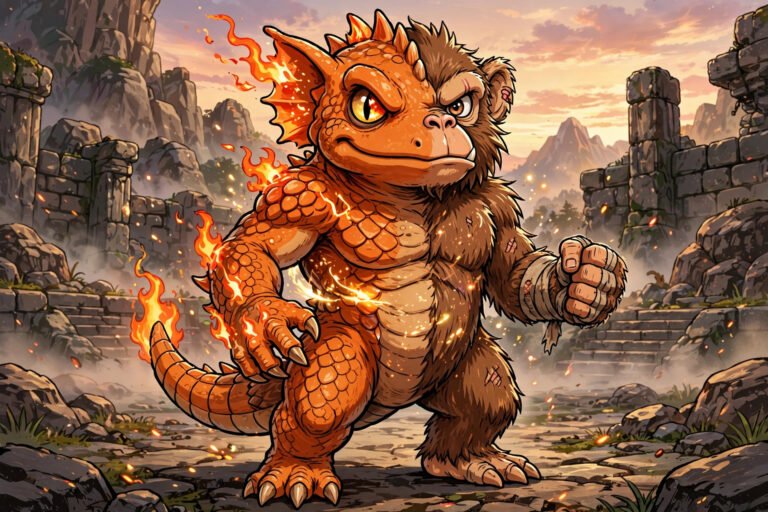 Fire salamander and fighting monkey monster fused hybrid in rocky arena