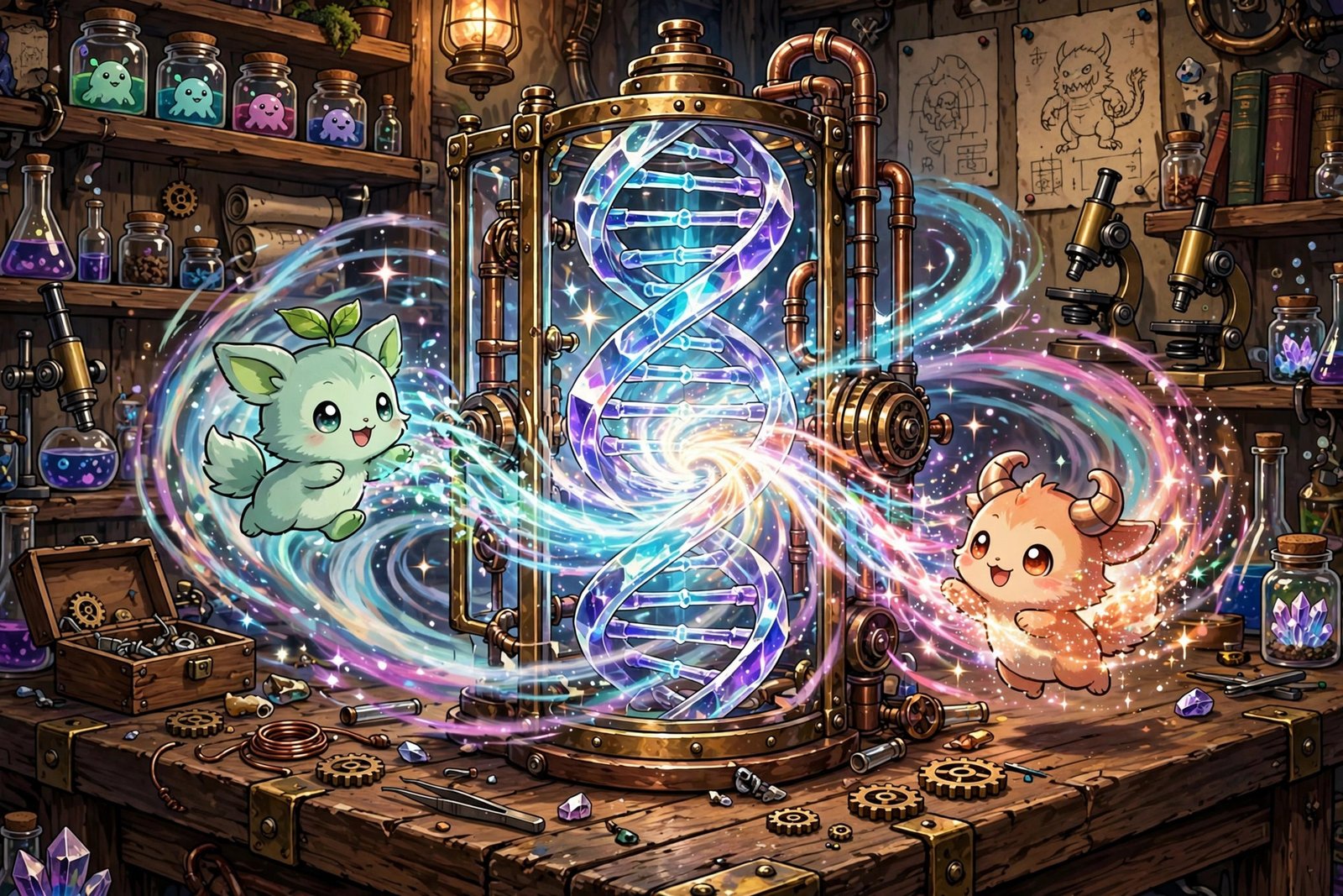 Glowing DNA fusion crystal device on laboratory workbench between two creatures