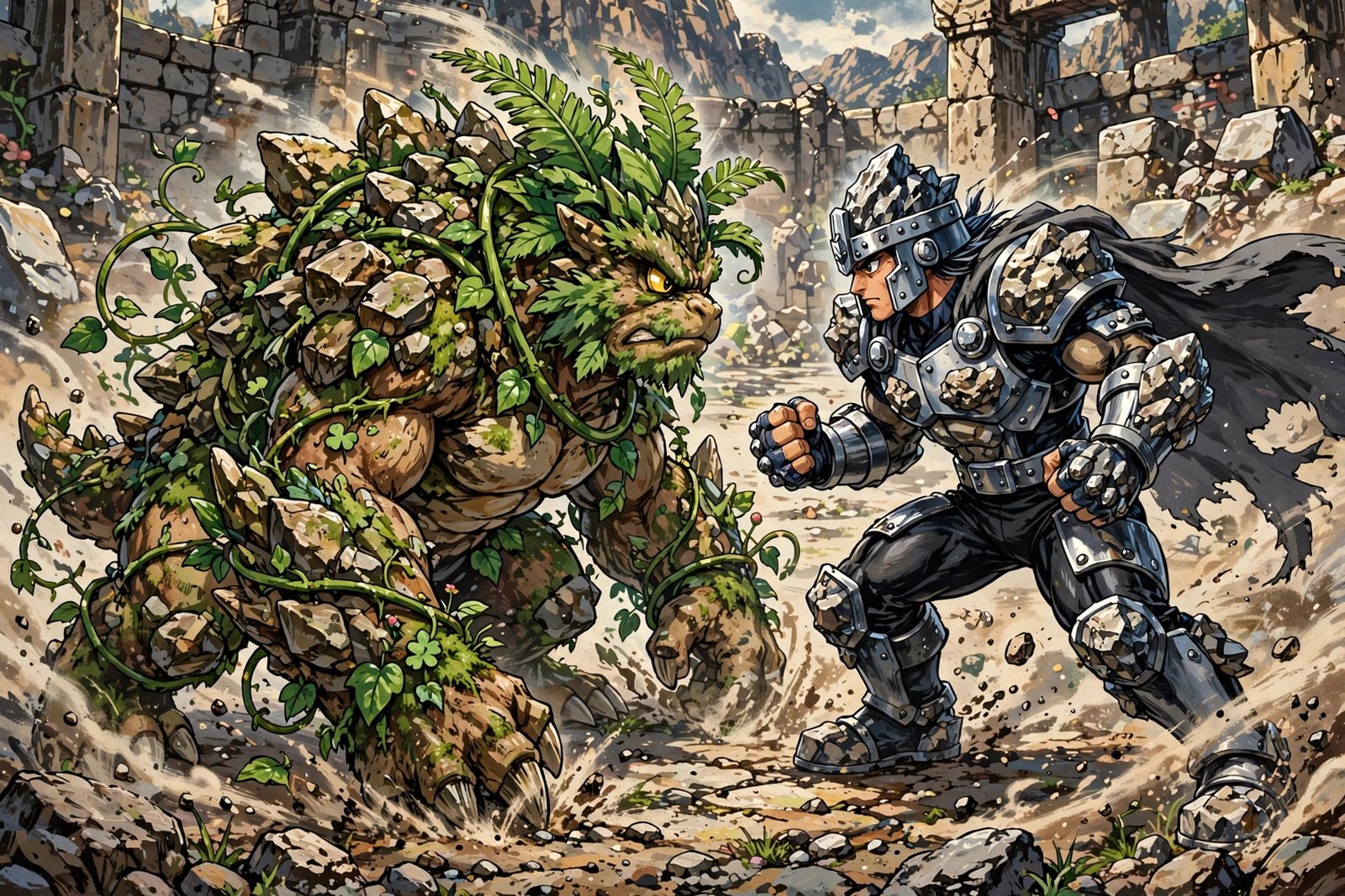 Grass and ground hybrid creature battling steel fusion in stone arena