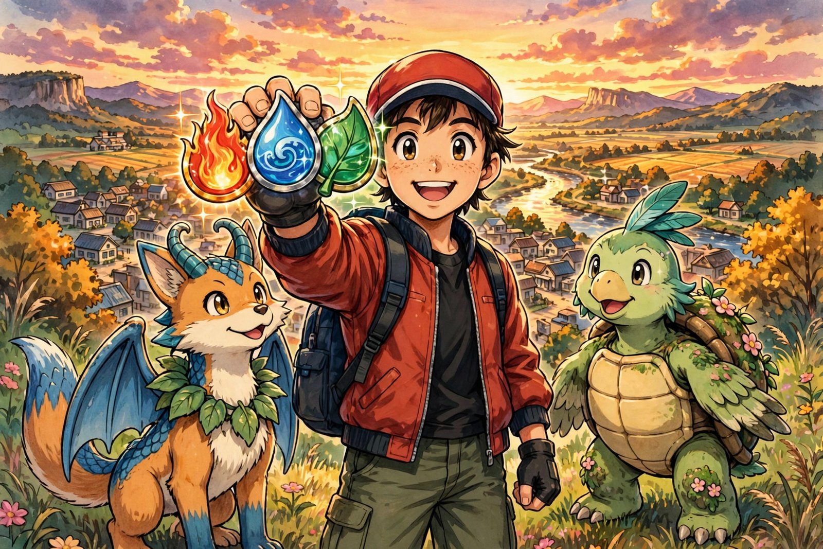 Young trainer holding three gym badges with two fused creatures at sunset