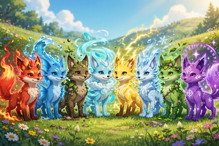 Eight glowing eeveelution creatures standing together in a sunny meadow