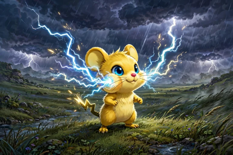 Yellow mouse-like electric creature with lightning bolts over a stormy grassland
