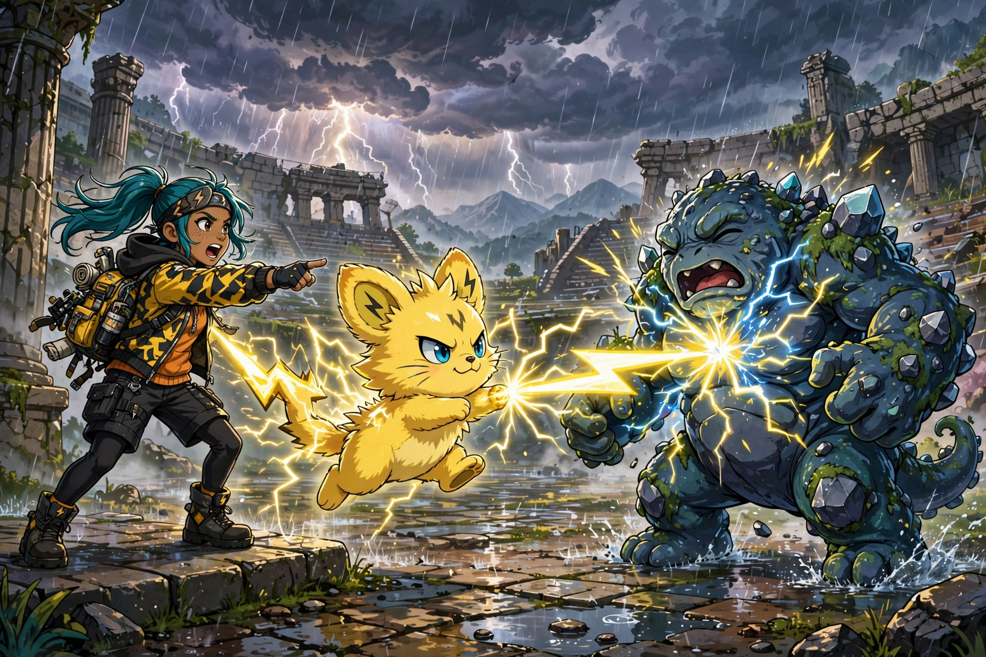 Trainer commanding an electric creature zapping an opponent in a thunderstorm arena