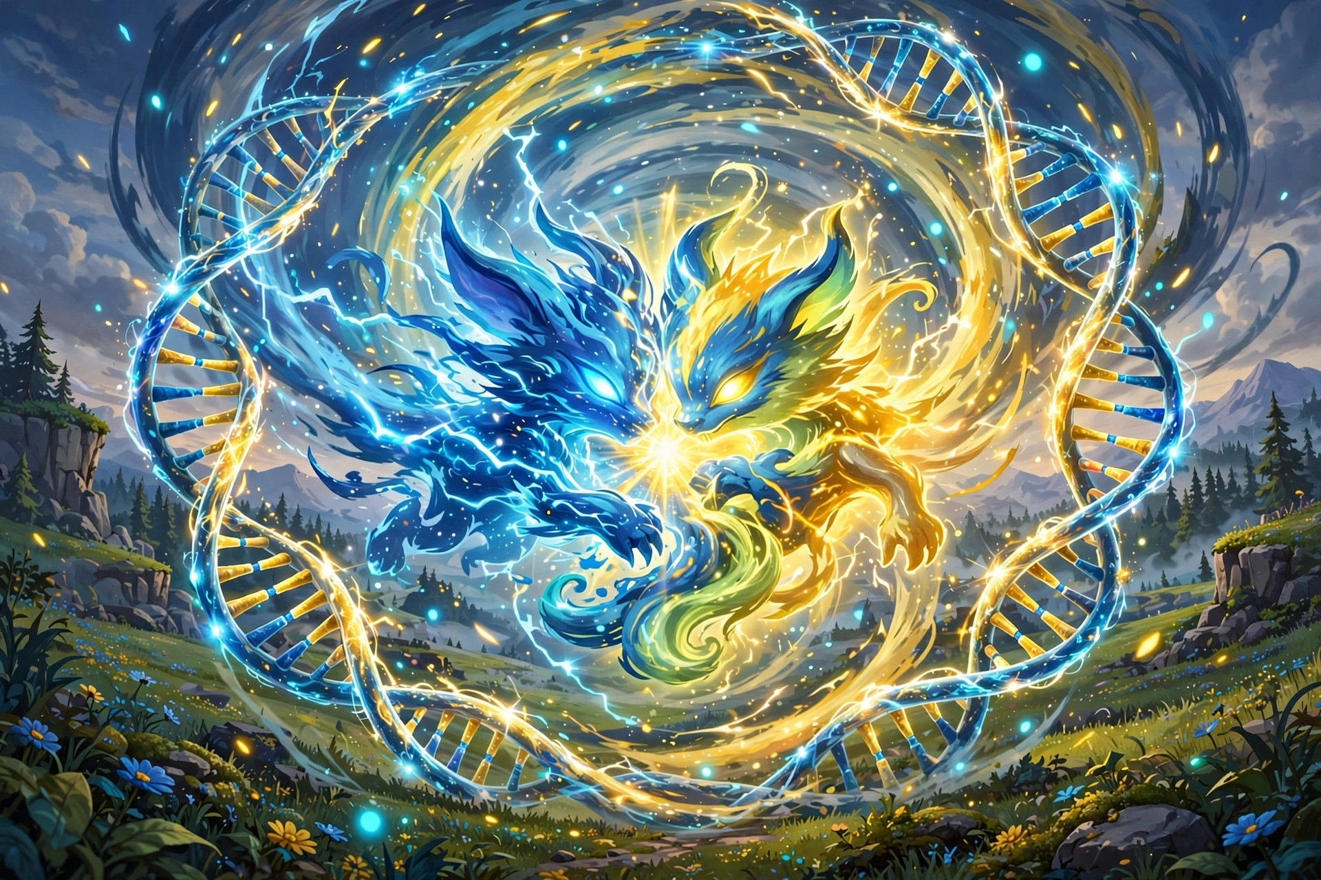 Two electric creatures fusing inside a swirling yellow and blue energy vortex