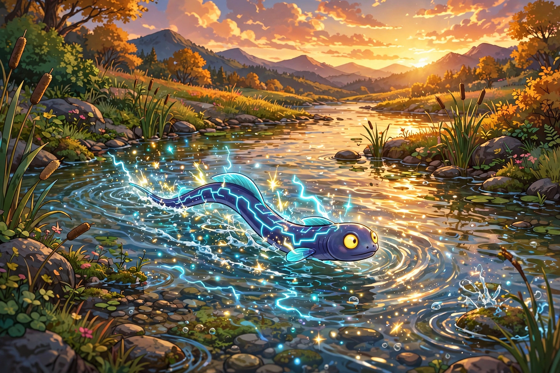Small sparking eel creature swimming in a shallow river at dusk