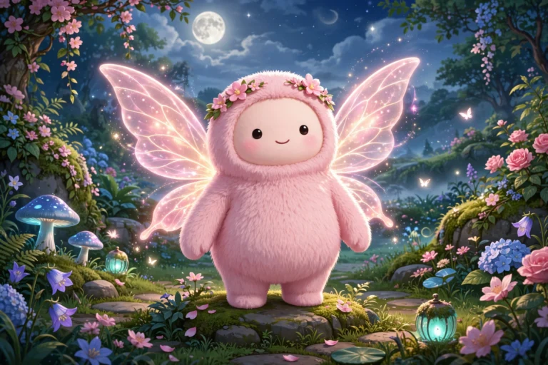 Elegant pink fairy creature with glowing wings in a moonlit garden