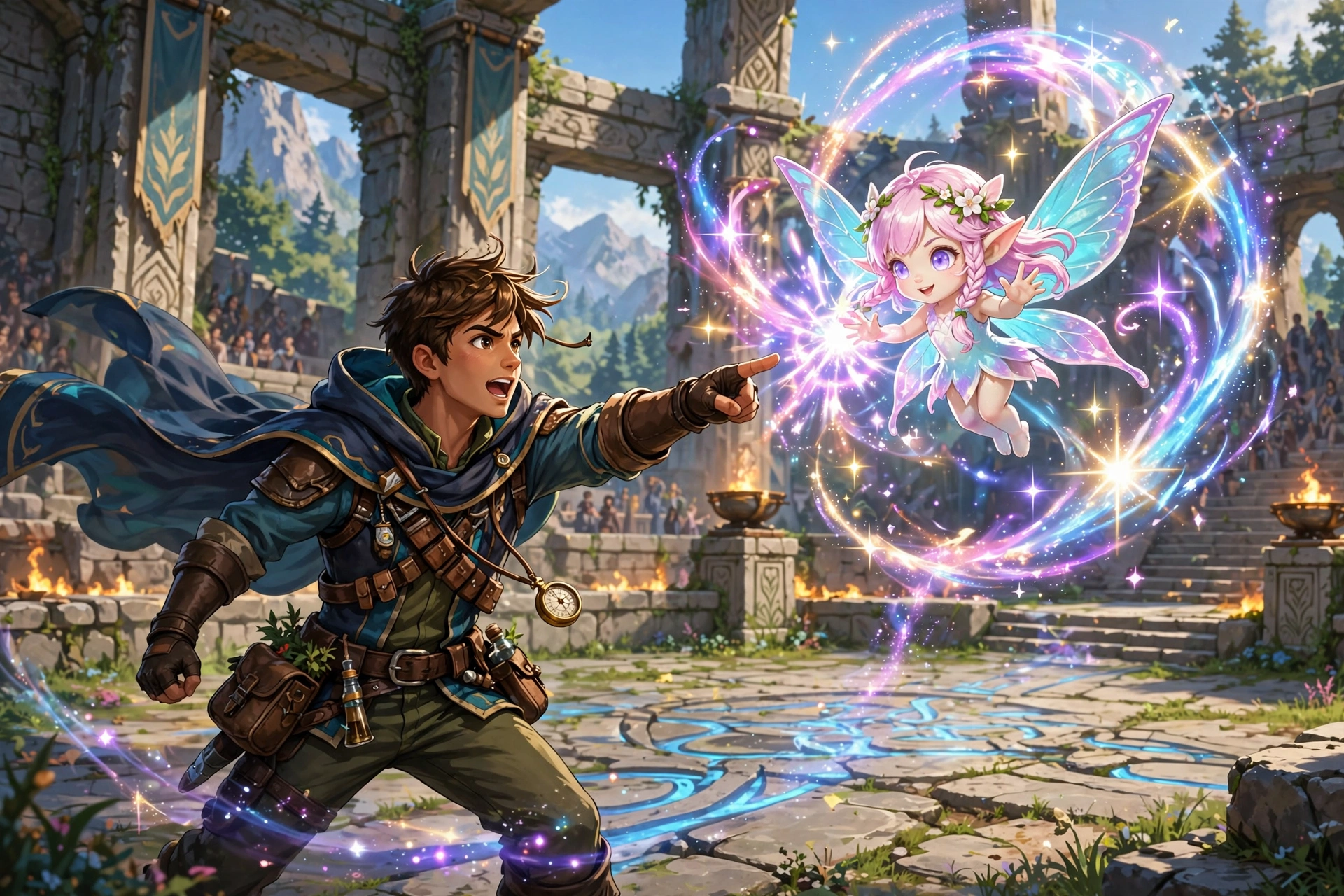 Trainer commanding a fairy creature casting sparkling magic in an arena
