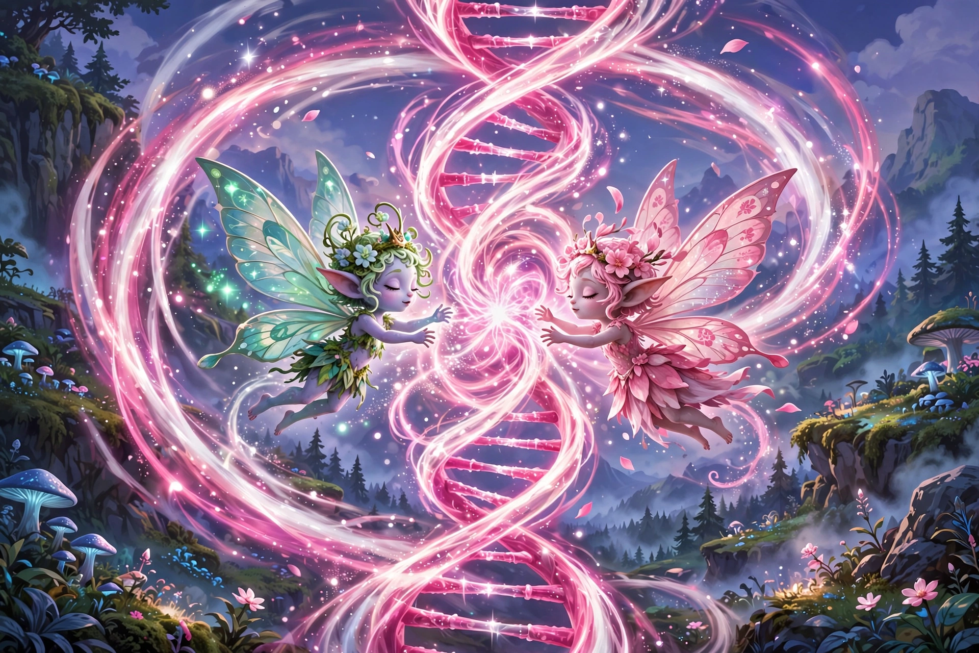 Two fairy creatures fusing inside a swirling pink and white energy vortex