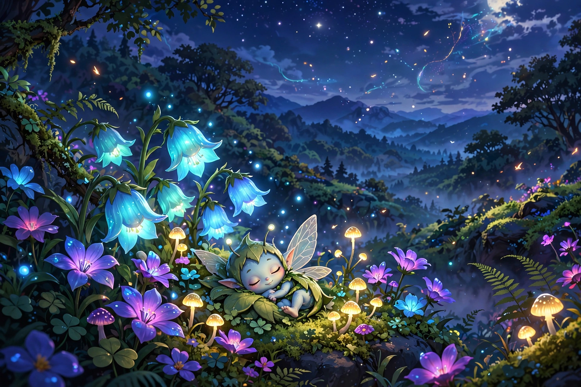 Small cute fairy creature sleeping among glowing flowers at night