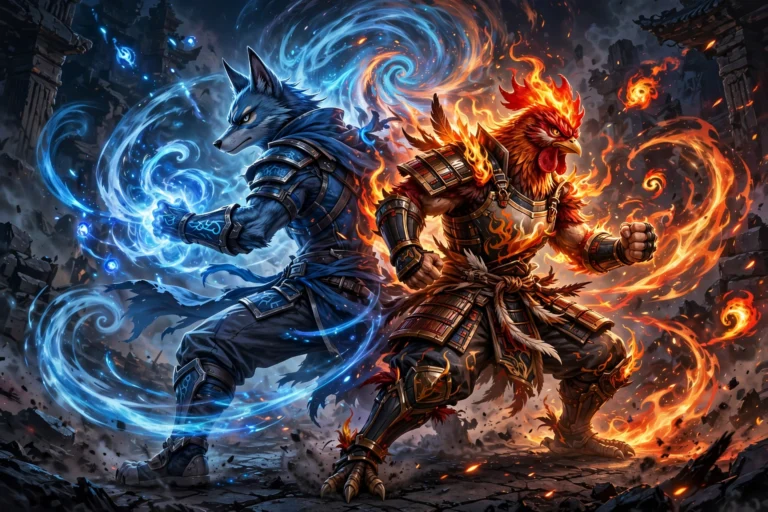 Aura jackal fighter and fire warrior standing back to back