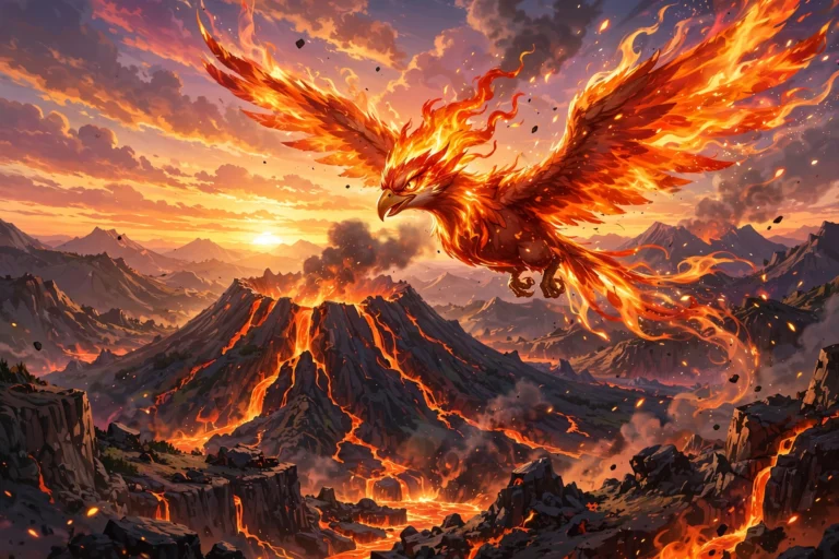 Blazing fire-bird creature with flaming wings soaring over a volcano