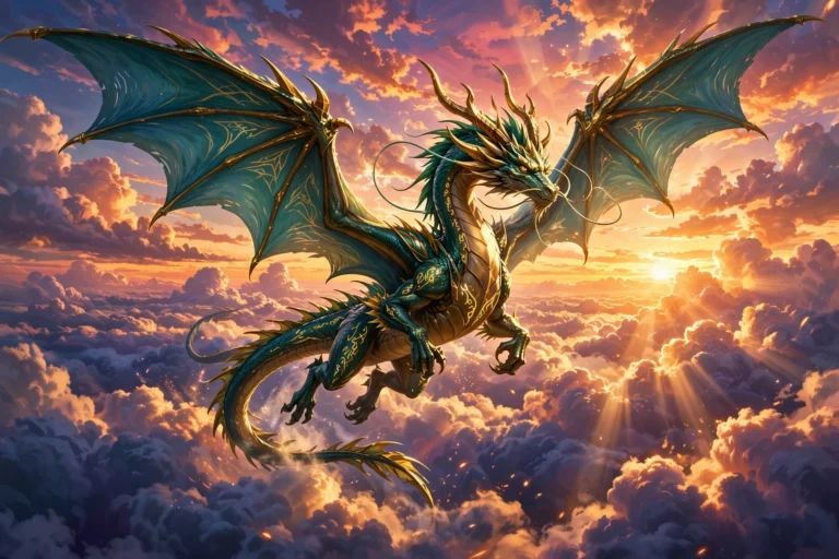 Majestic winged creature soaring above clouds at sunset