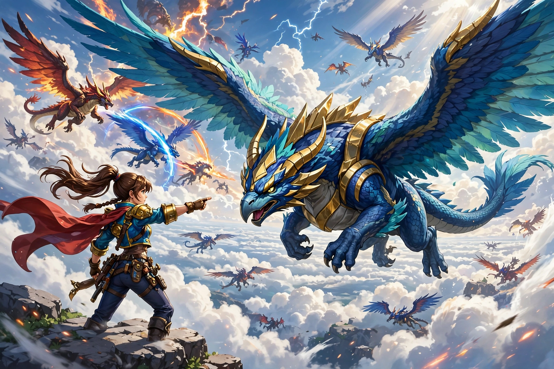 Trainer commanding a winged creature in a sky battle