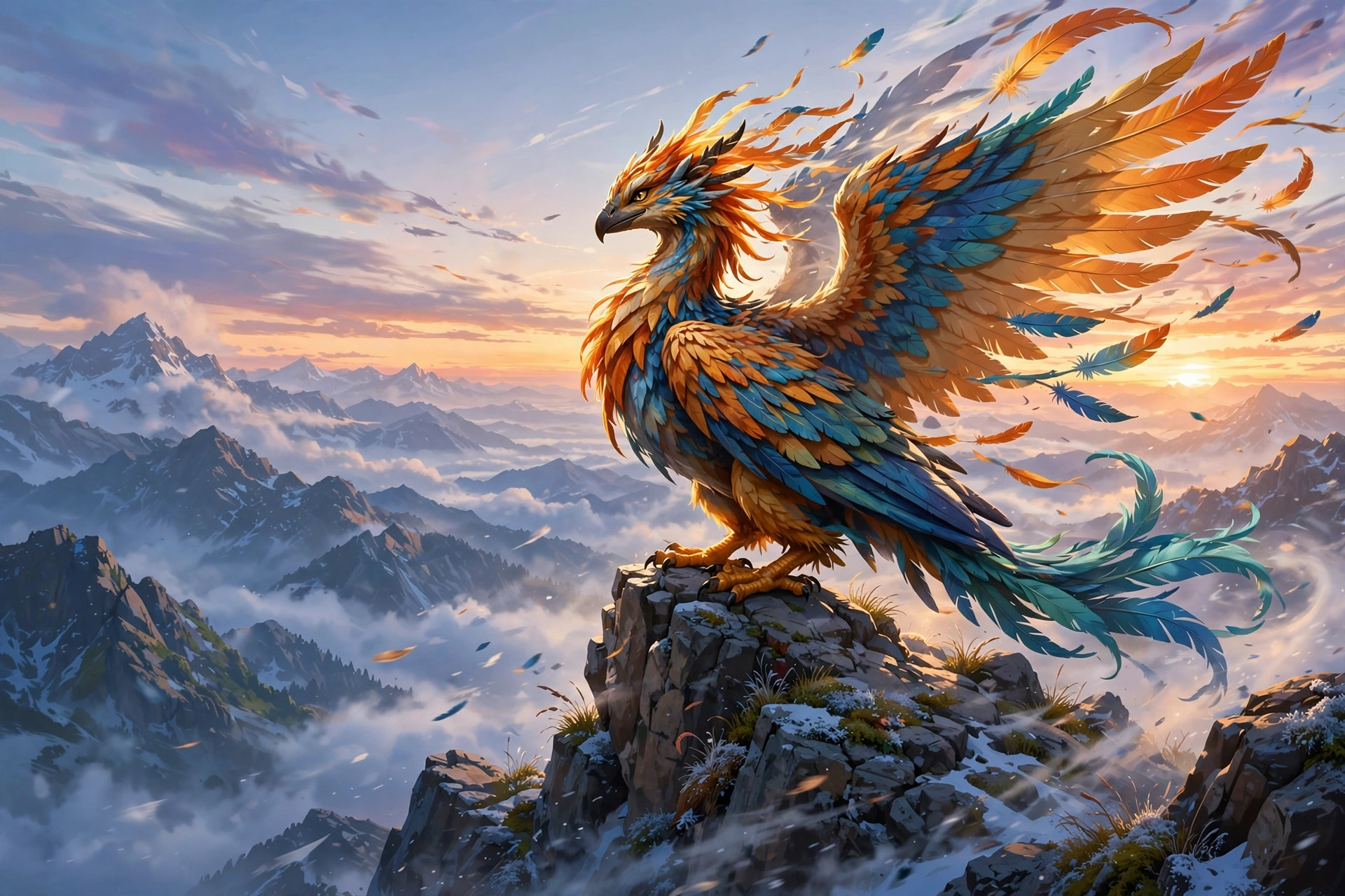 Two bird creatures fusing inside a swirling wind vortex