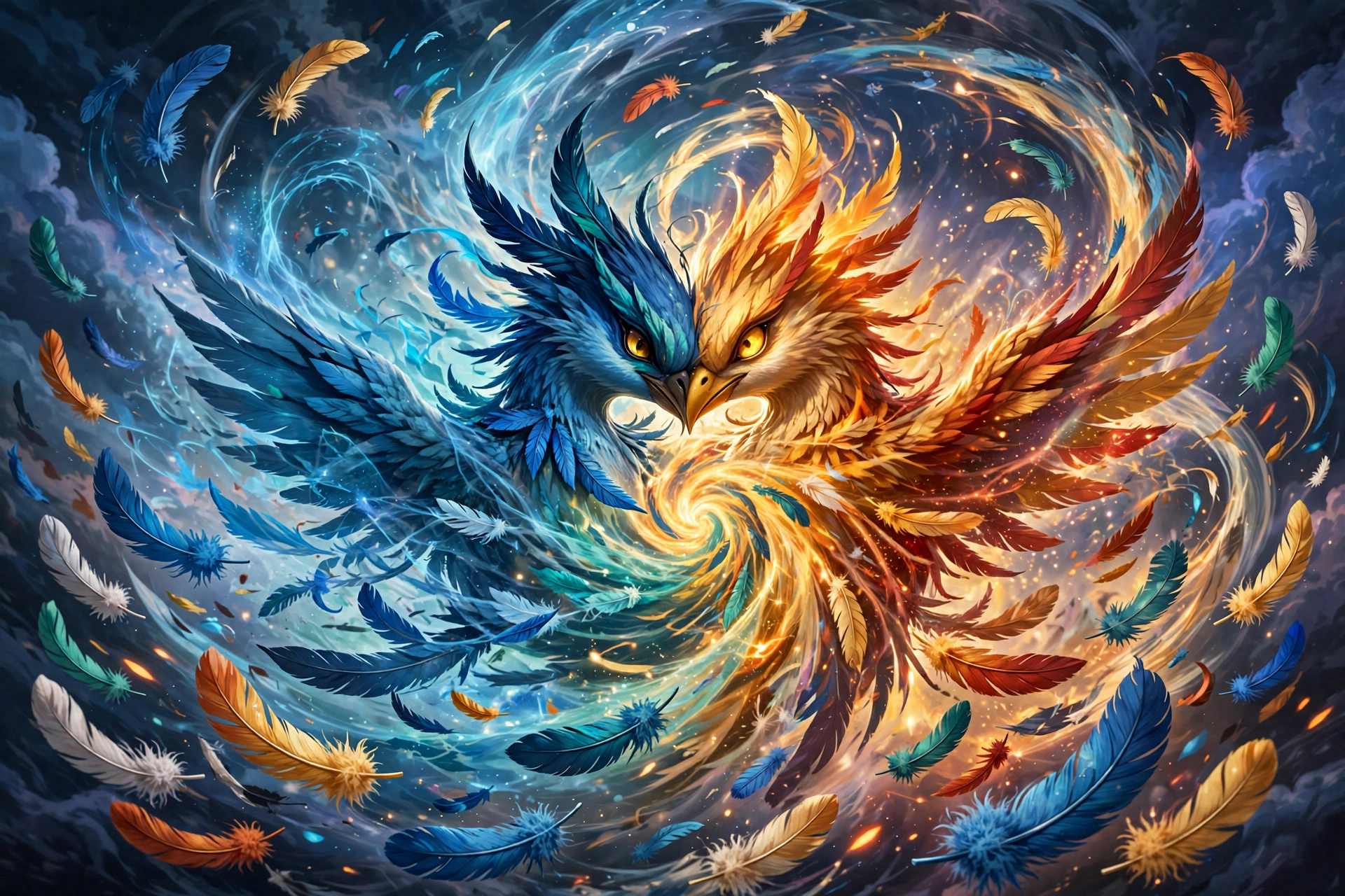 Winged creature perched on a mountain peak at dawn