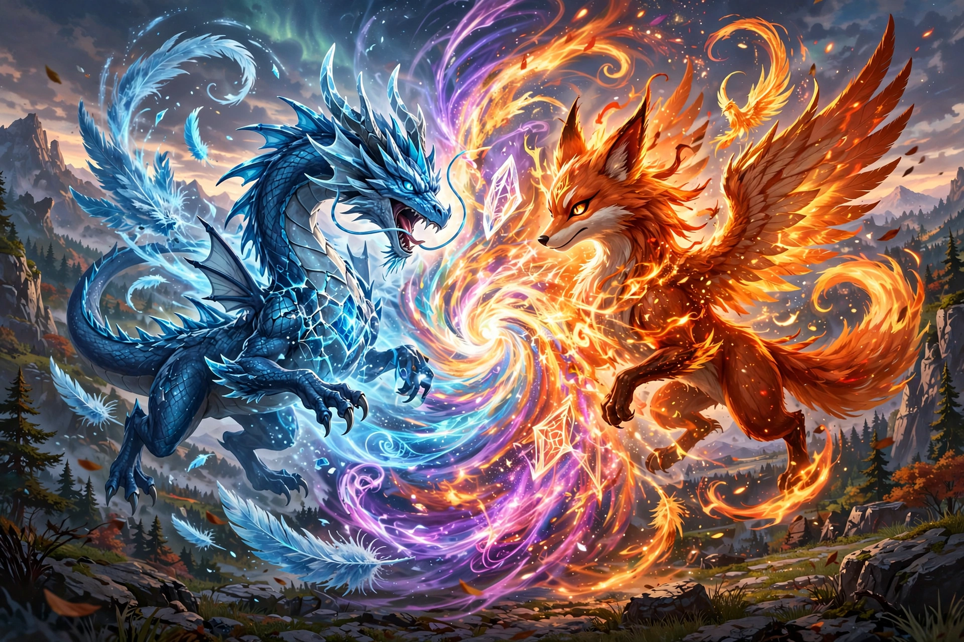 Two creatures fusing in burst of colorful energy
