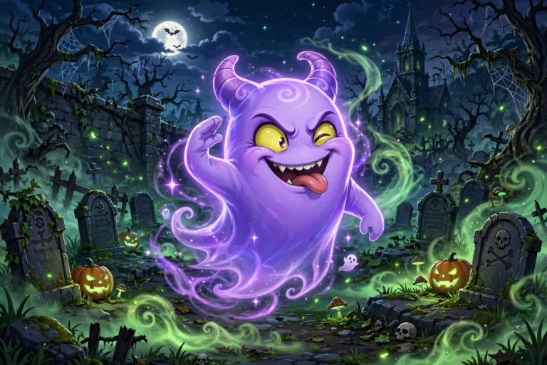 Grinning purple ghost creature floating in a haunted graveyard at midnight